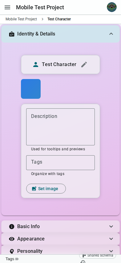 The worldbuilding editor in mobile accordion mode showing collapsible sections