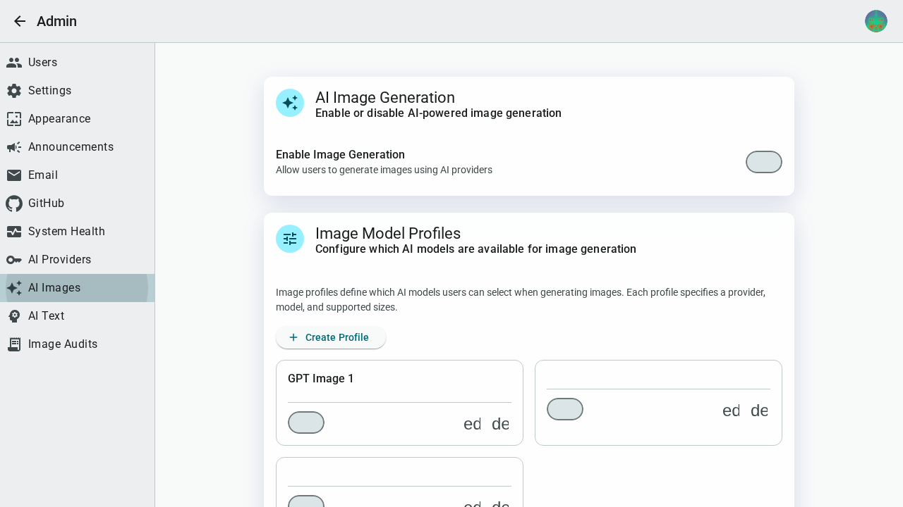 Admin AI settings — dark