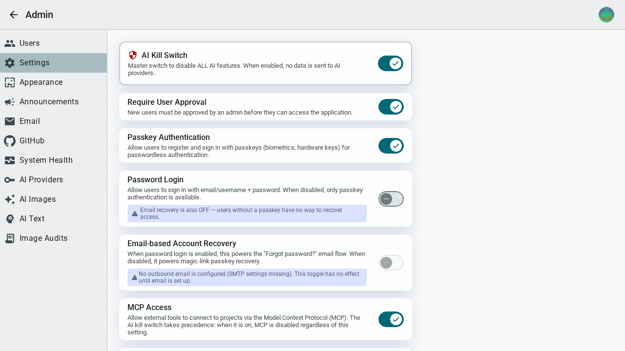 Kill switch settings page — light