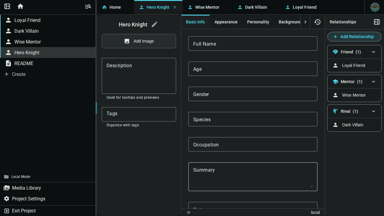Element with multiple relationship types shown as expandable panels