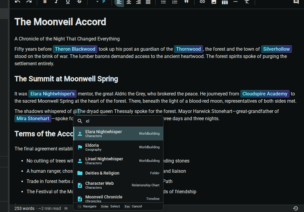 @mention — search results, dark