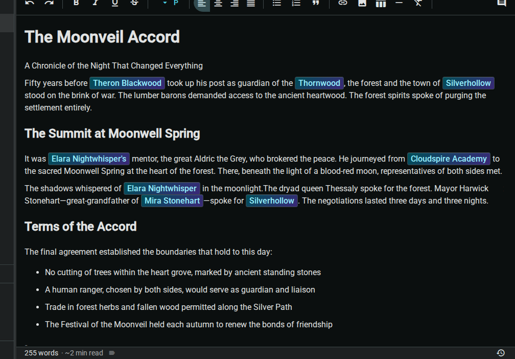 @mention — inserted link, dark