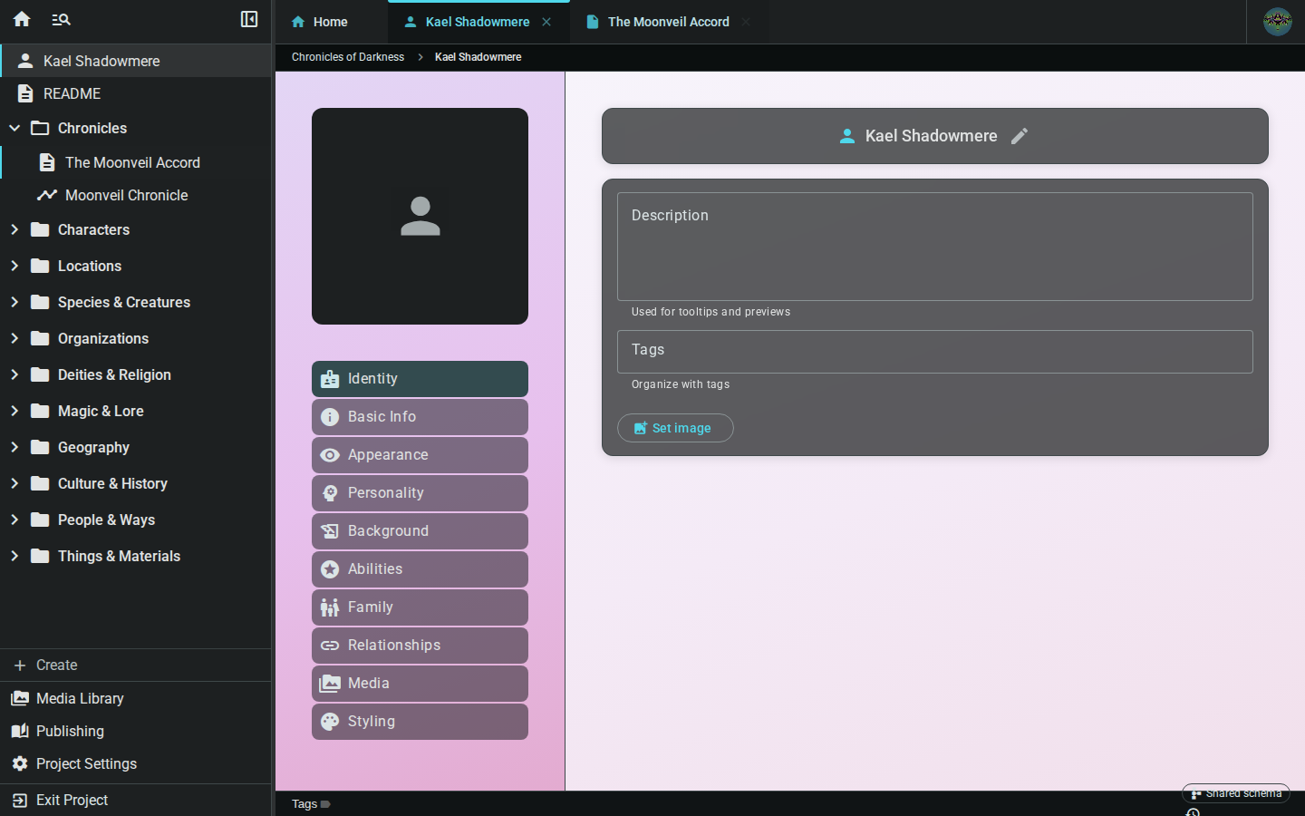 Backlinks — character view, dark