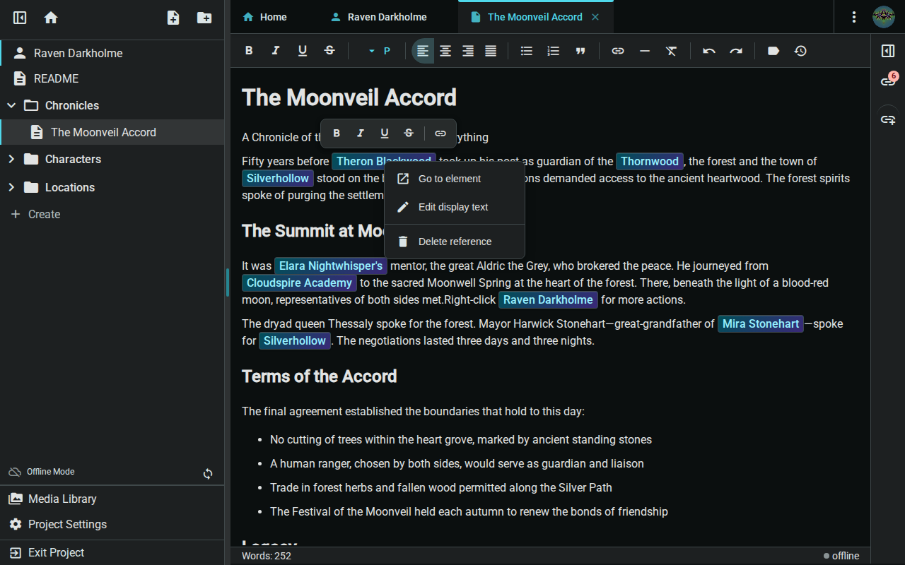 Right-click context menu on an element reference