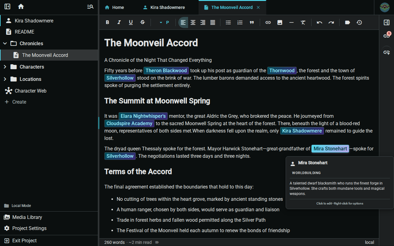 Rich text editor showing prose with an element reference link