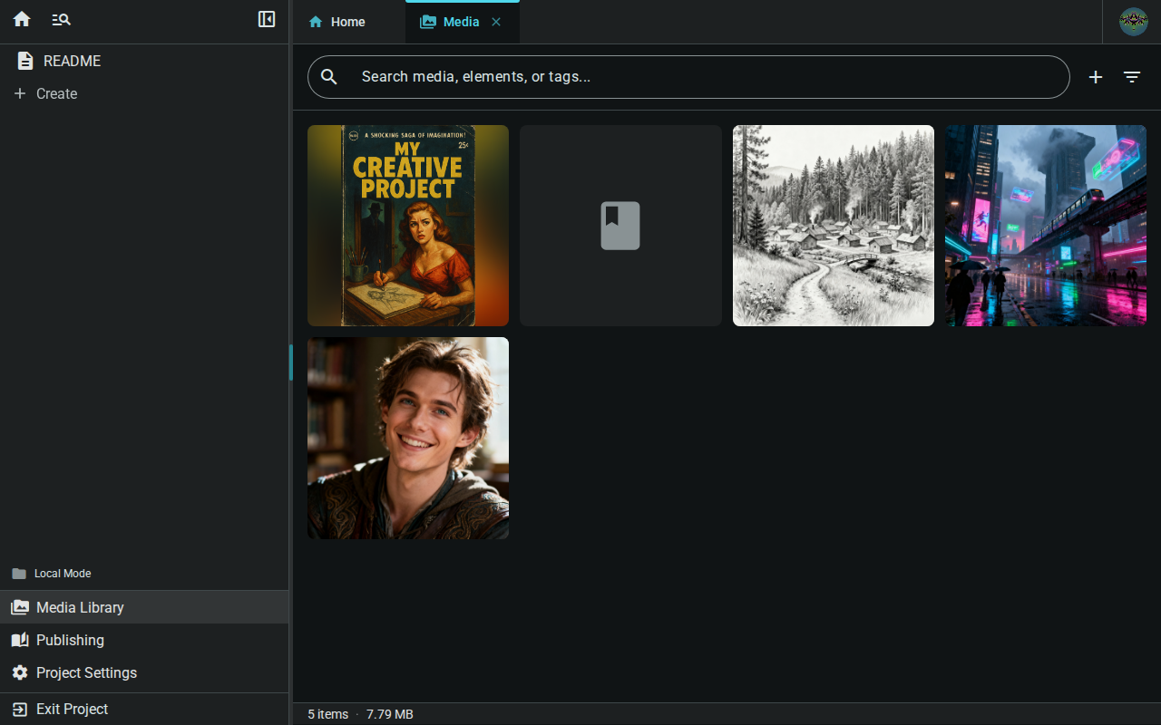 The Media Library tab showing a grid of project images