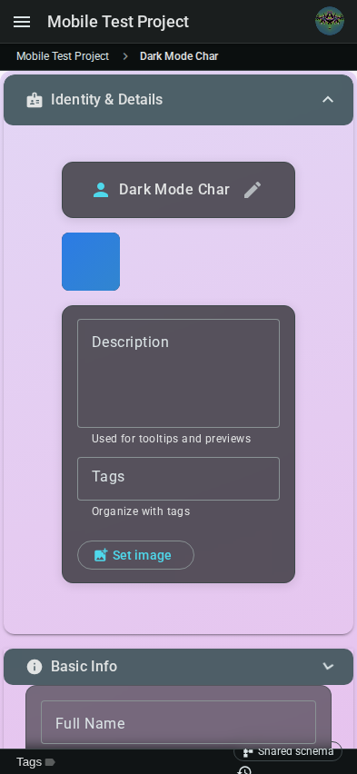 Mobile tab fields — dark mode