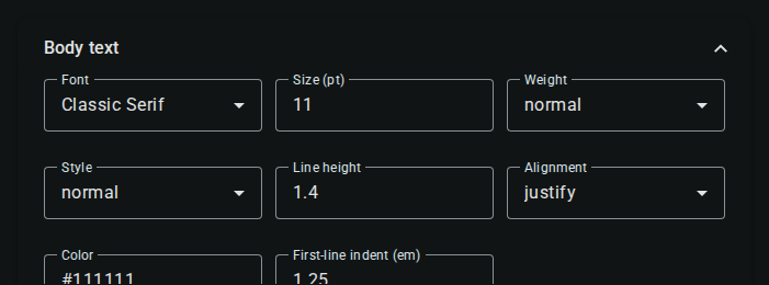 The Body text section expanded, showing font, size, weight, style, line height, alignment, color, and first-line indent controls