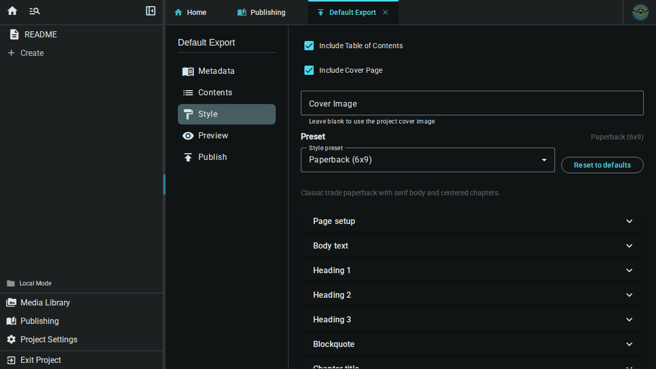The Style section of a publish plan, showing the preset picker and collapsible style sections
