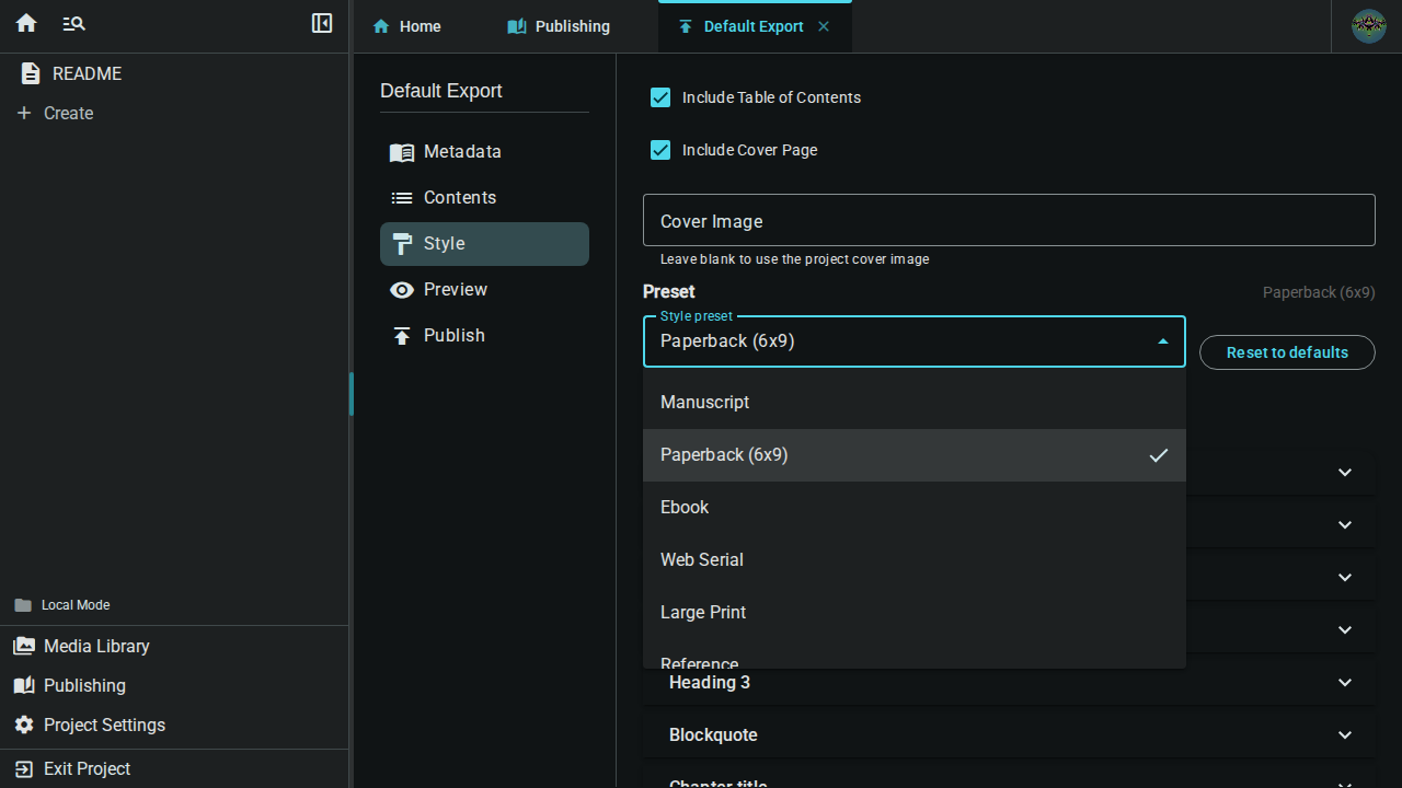 The preset dropdown open, showing all six built-in presets