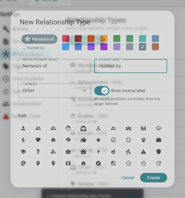 Create relationship type dialog — light