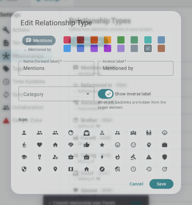 Edit relationship type dialog — light
