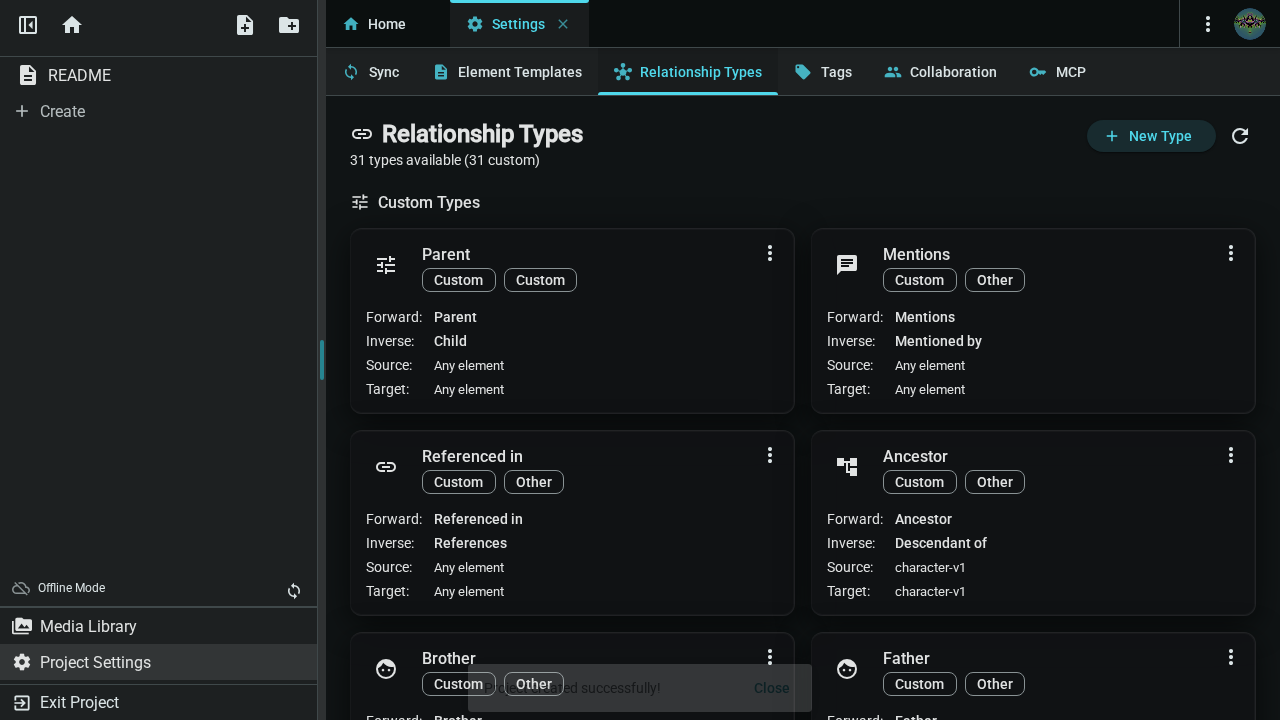 Relationship types in Project Settings