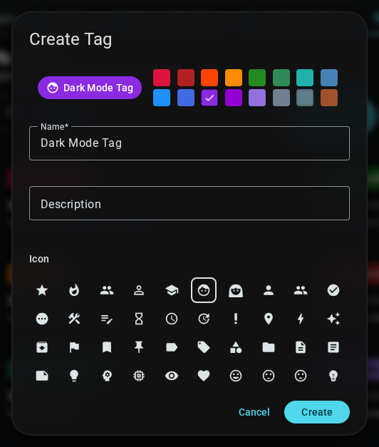 Create tag dialog with name input, color palette, and icon grid