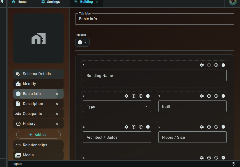 A template tab showing the tab name/icon editor and the tab's fields