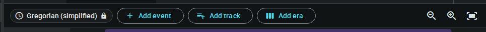 The timeline toolbar showing the time system dropdown, add event / track / era buttons, and zoom controls