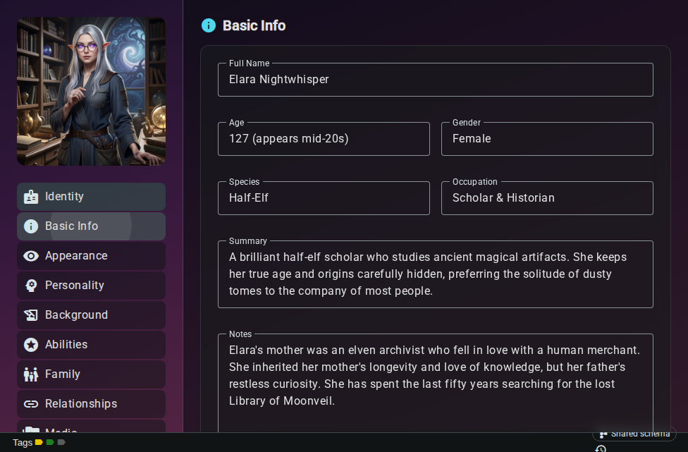 Worldbuilding editor — schema fields, dark