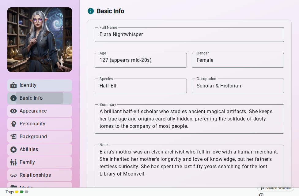 Worldbuilding editor — schema fields, light