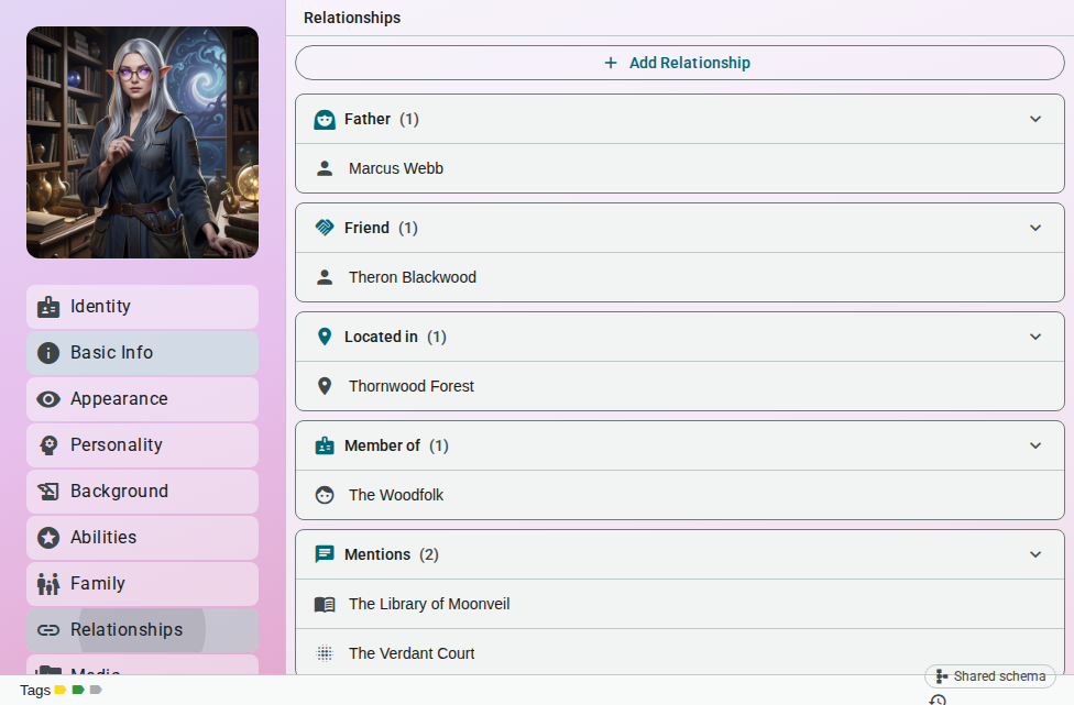 Worldbuilding editor — relationships, light