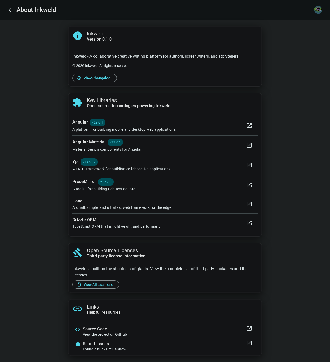 About page — desktop, dark