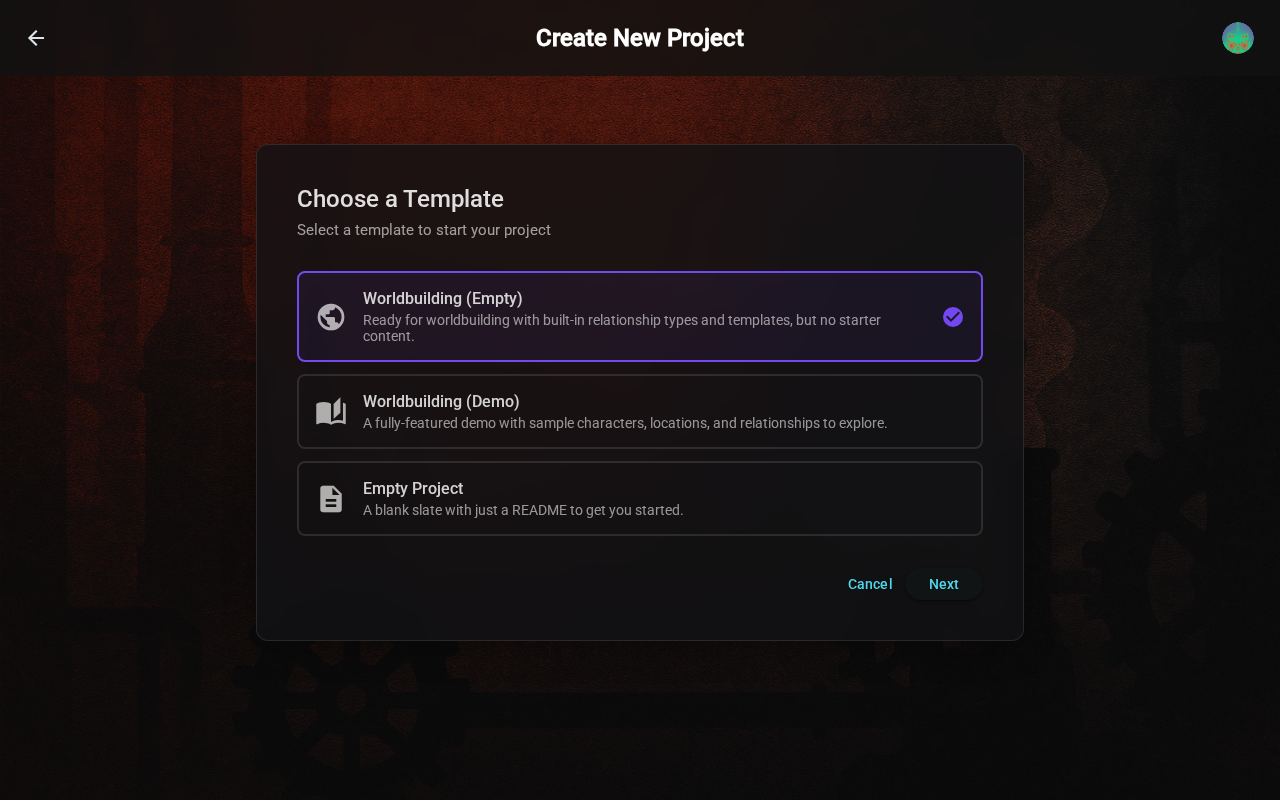 Template selection screen