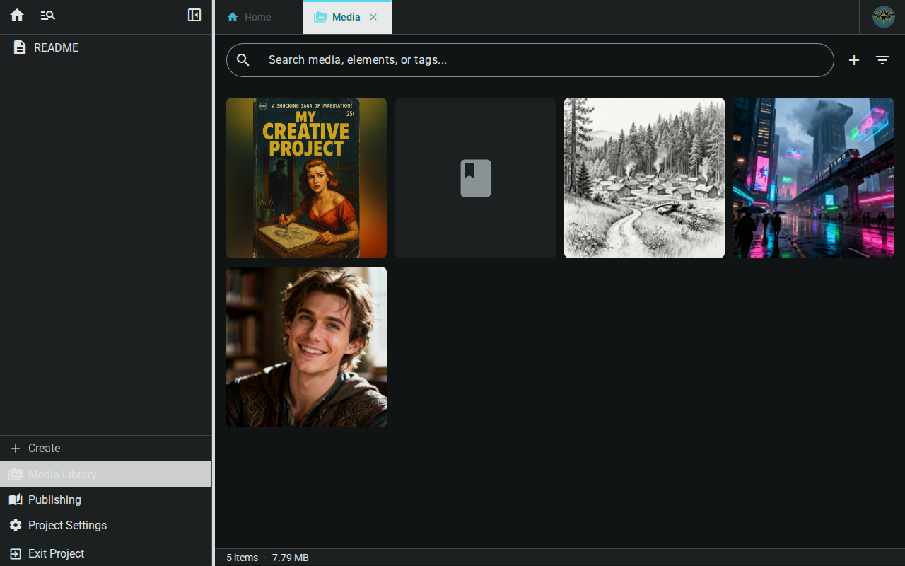 Media tab — desktop, dark