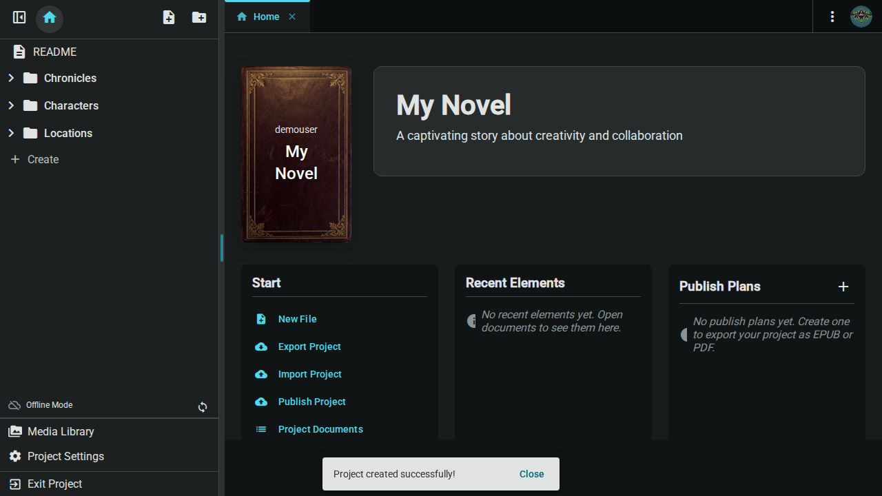 Inkweld project interface showing the project home page