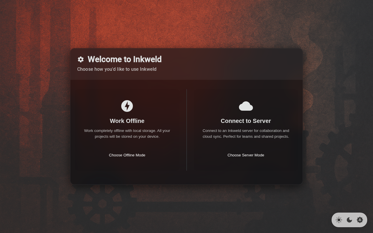 Mode selection screen showing offline and server options