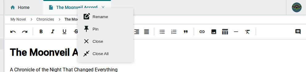 Document tab context menu — light